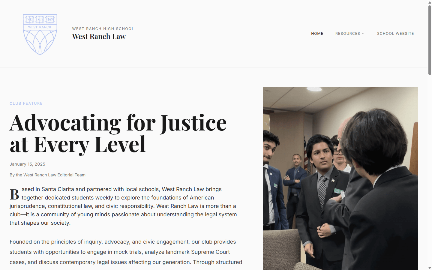 Public West Ranch Law website showing its student civic and legal education feature