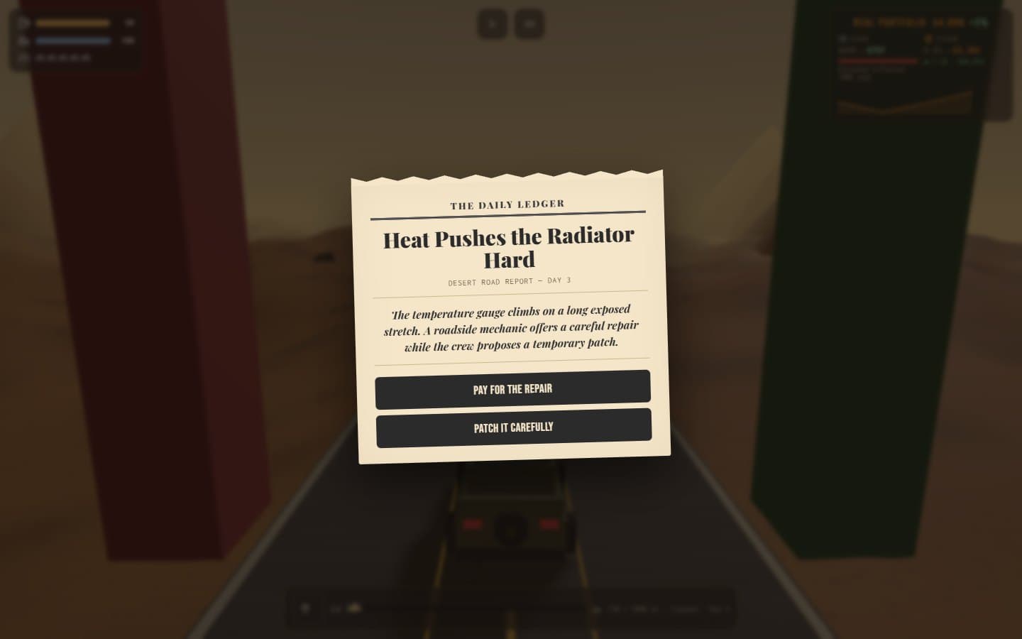 Newspaper-style decision card with a route-relevant event and two bounded choices.