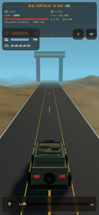 Driving view with fuel, vehicle health, morale, cash, Bitcoin, and real portfolio information arranged around the road.