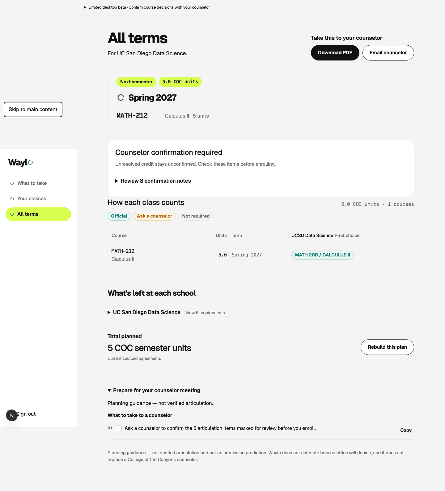 Waylo sample plan showing a next semester, course evidence, and counselor confirmation notes